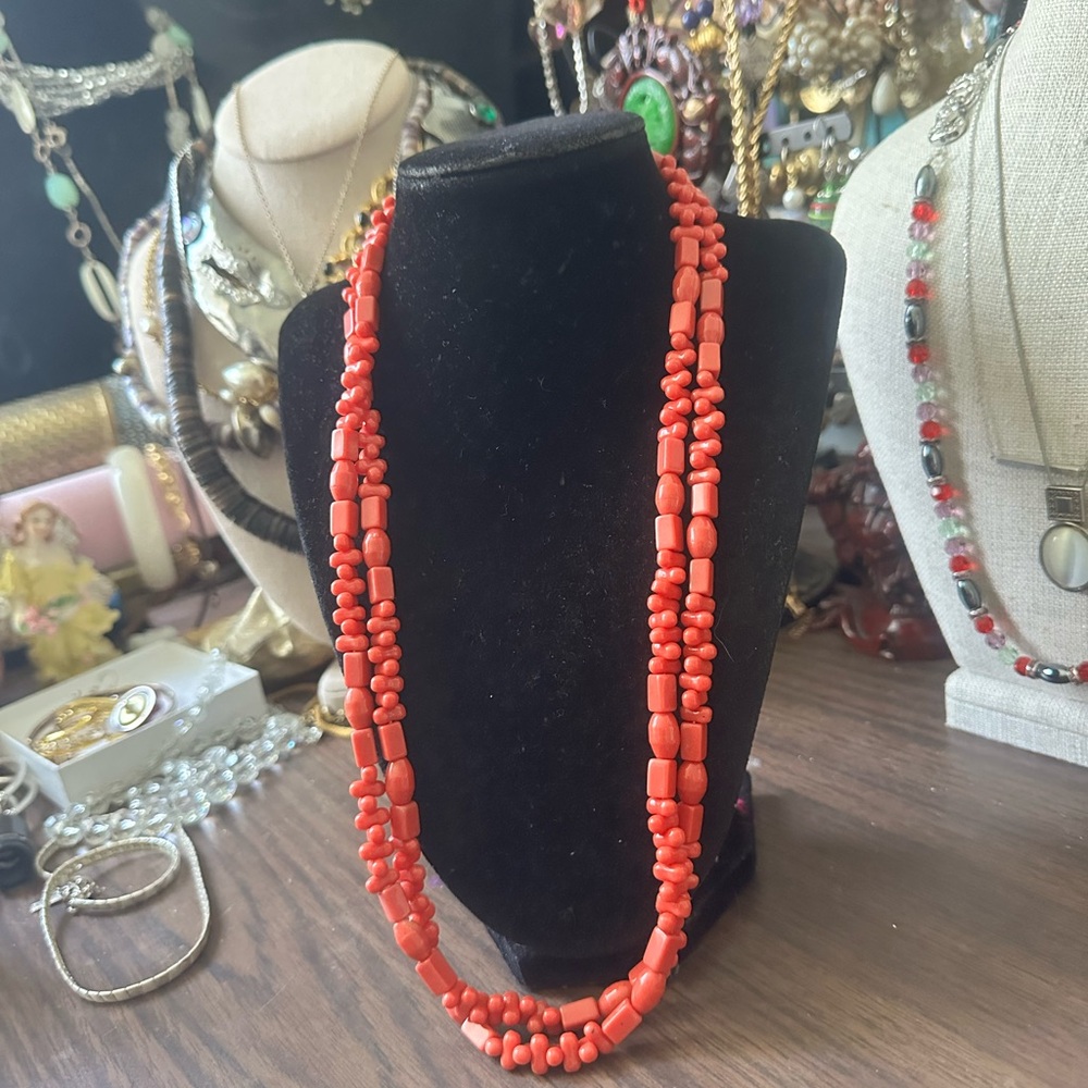 Coral Red Multi-Strand Beaded Necklace - Women Jewelry 54”